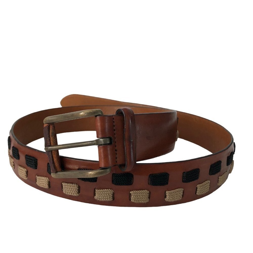 Riga Leather Belt Woven Brass Buckle Size 34‎ Brown USA Italy